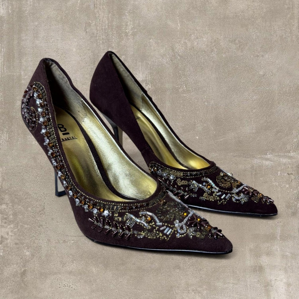 Bakers Brown Suede Beaded Embellished Pointed Toe Heels Size 6 Fairy Glam Formal